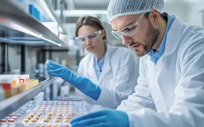 laboratory technicians working with samples and medications